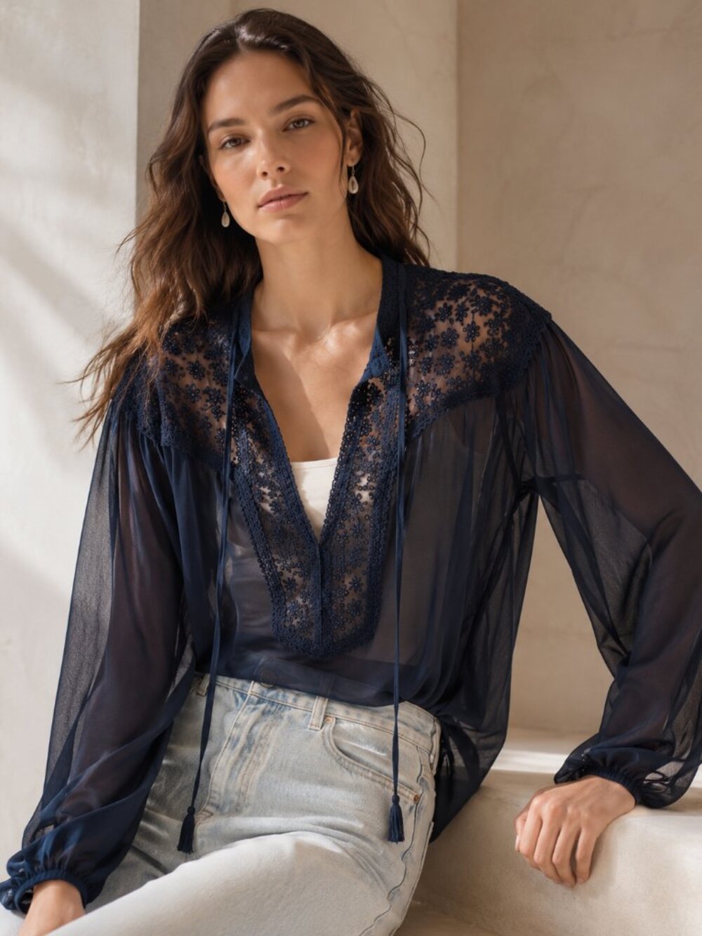 Zara Navy Sheer Blouse